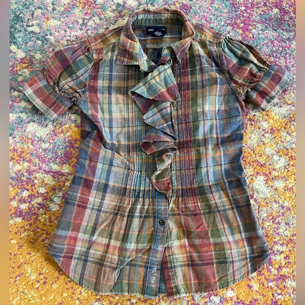 Vintage Ralph Lauren Girls Plaid Ruffle Button Down Blouse Size 12